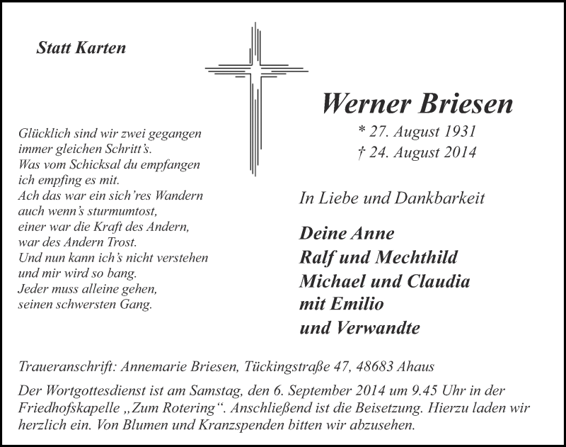  Traueranzeige für Werner Briesen vom 01.09.2014 aus Münstersche Zeitung und Münsterland Zeitung