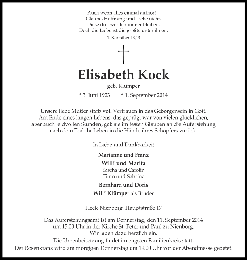  Traueranzeige für Elisabeth Kock vom 03.09.2014 aus Münstersche Zeitung und Münsterland Zeitung