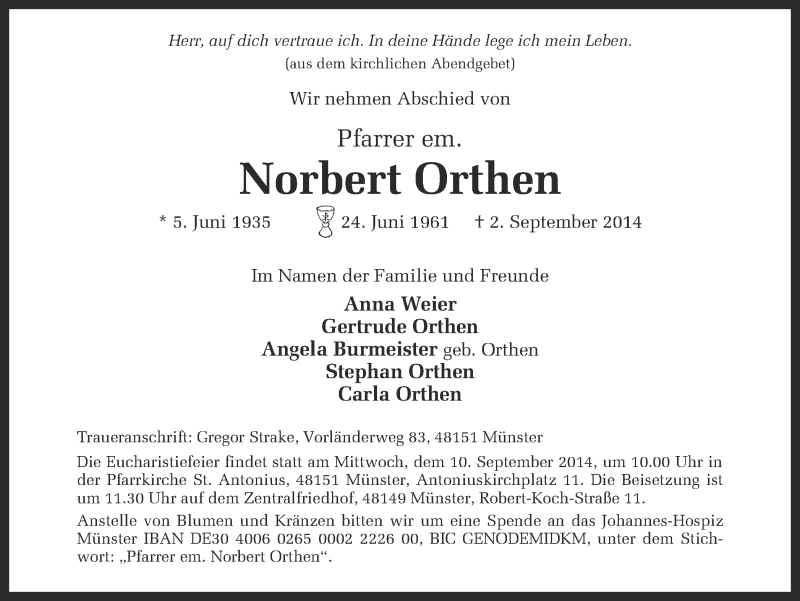  Traueranzeige für Norbert Orthen vom 05.09.2014 aus Münstersche Zeitung und Grevener Zeitung