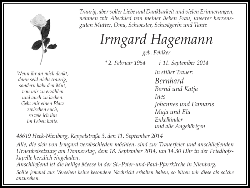  Traueranzeige für Irmgard Hagemann vom 16.09.2014 aus Münstersche Zeitung und Münsterland Zeitung