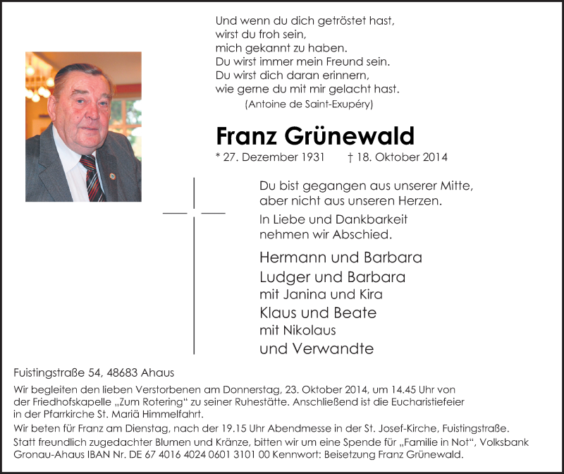  Traueranzeige für Franz Grünewald vom 20.10.2014 aus Münstersche Zeitung und Münsterland Zeitung