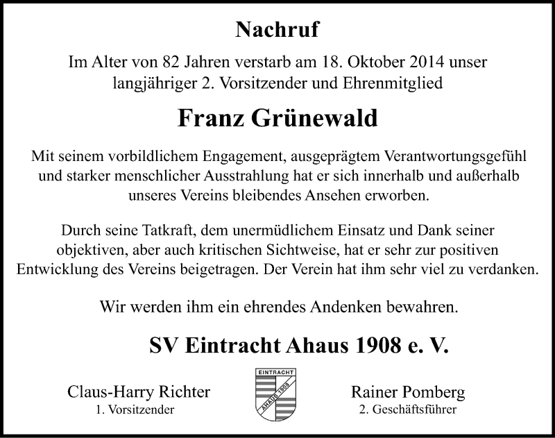  Traueranzeige für Franz Grünewald vom 21.10.2014 aus Münstersche Zeitung und Münsterland Zeitung