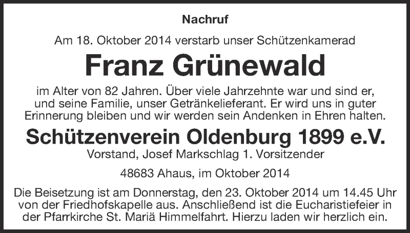  Traueranzeige für Franz Grünewald vom 22.10.2014 aus Münstersche Zeitung und Münsterland Zeitung