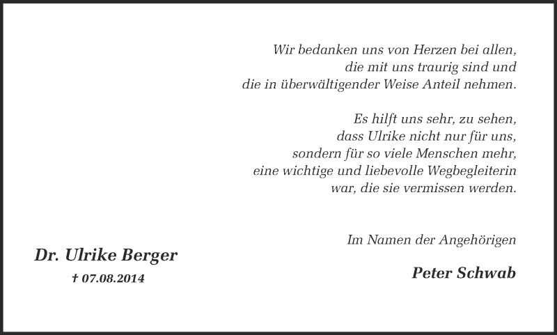  Traueranzeige für Ulrike Berger vom 25.10.2014 aus Münstersche Zeitung und Grevener Zeitung