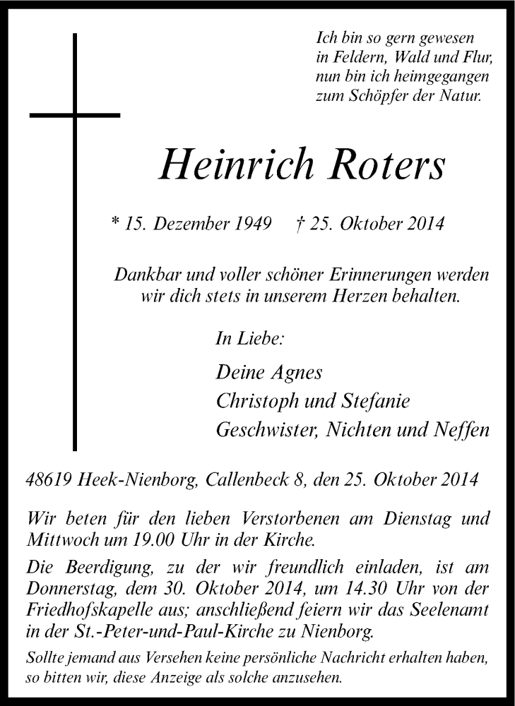  Traueranzeige für Heinrich Roters vom 28.10.2014 aus Münstersche Zeitung und Münsterland Zeitung