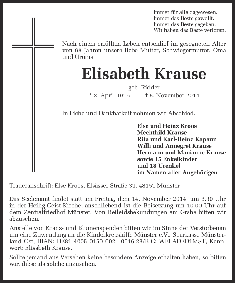  Traueranzeige für Elisabeth Krause vom 12.11.2014 aus Münstersche Zeitung und Grevener Zeitung