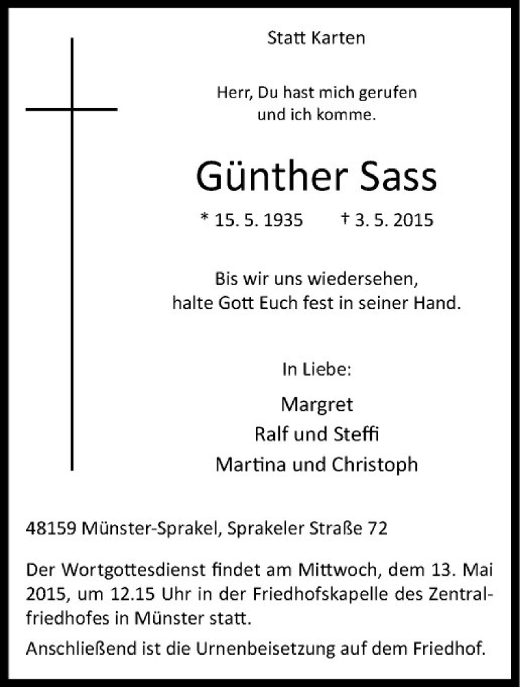  Traueranzeige für Günther Sass vom 09.05.2015 aus Westfälische Nachrichten