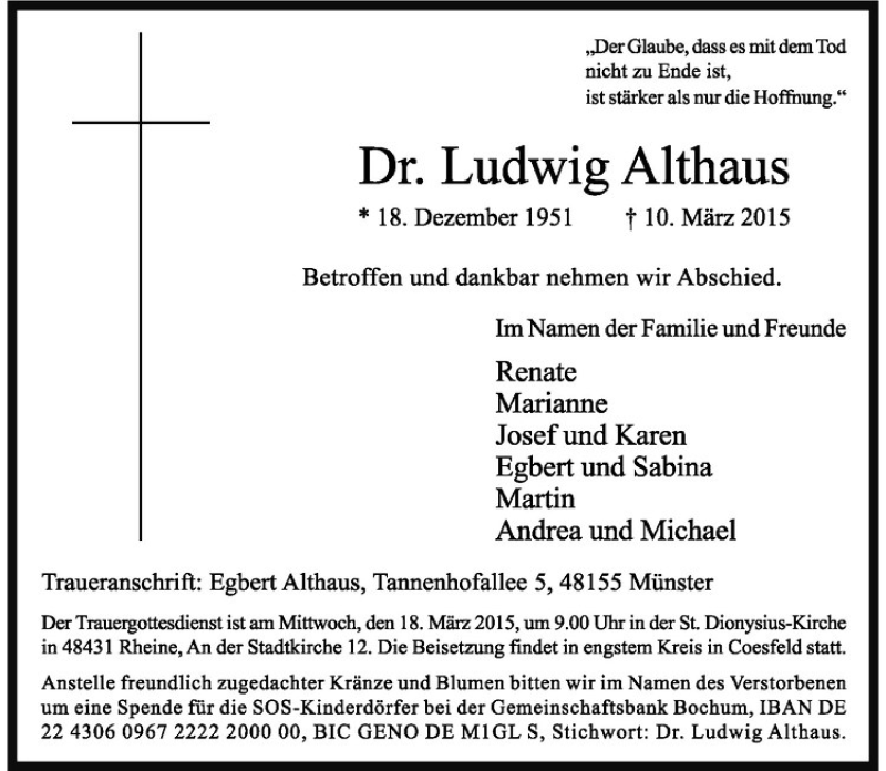  Traueranzeige für Ludwig Althaus vom 14.03.2015 aus Westfälische Nachrichten