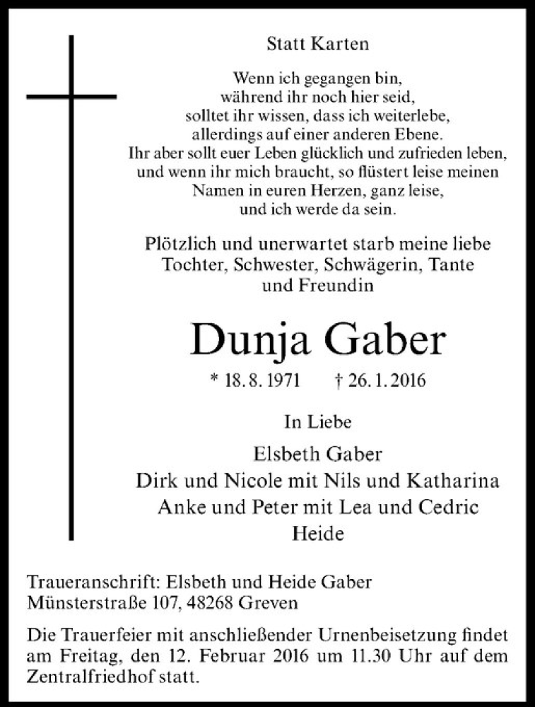  Traueranzeige für Dunja Gaber vom 05.02.2016 aus Westfälische Nachrichten