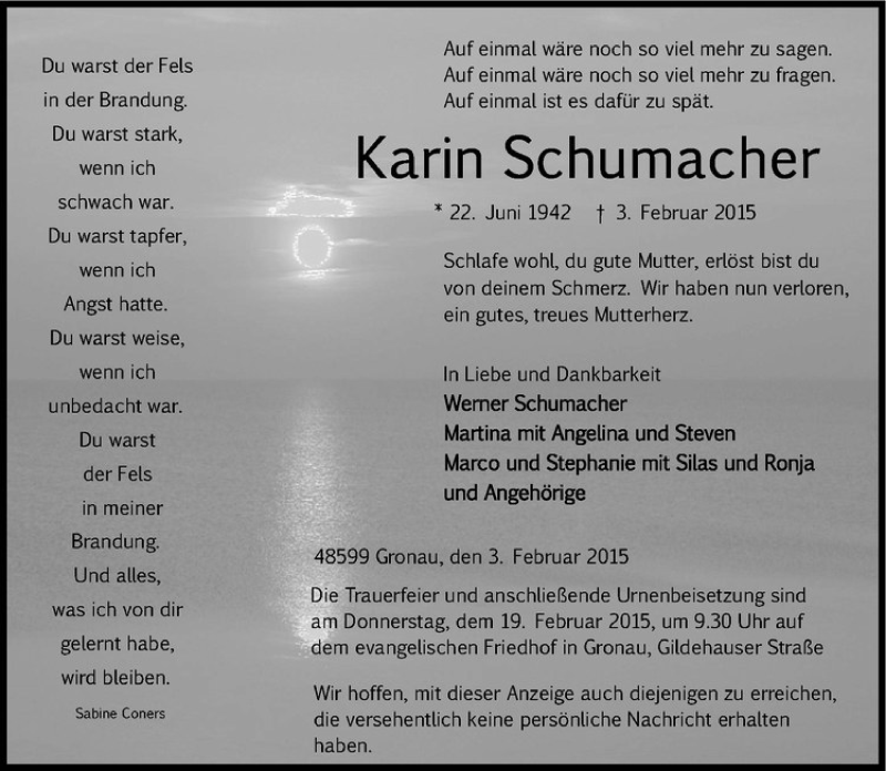  Traueranzeige für Karin Schumacher vom 14.02.2015 aus Westfälische Nachrichten