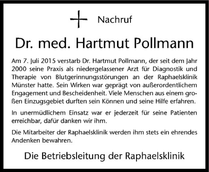  Traueranzeige für Hartmut Pollmann vom 28.07.2015 aus Westfälische Nachrichten