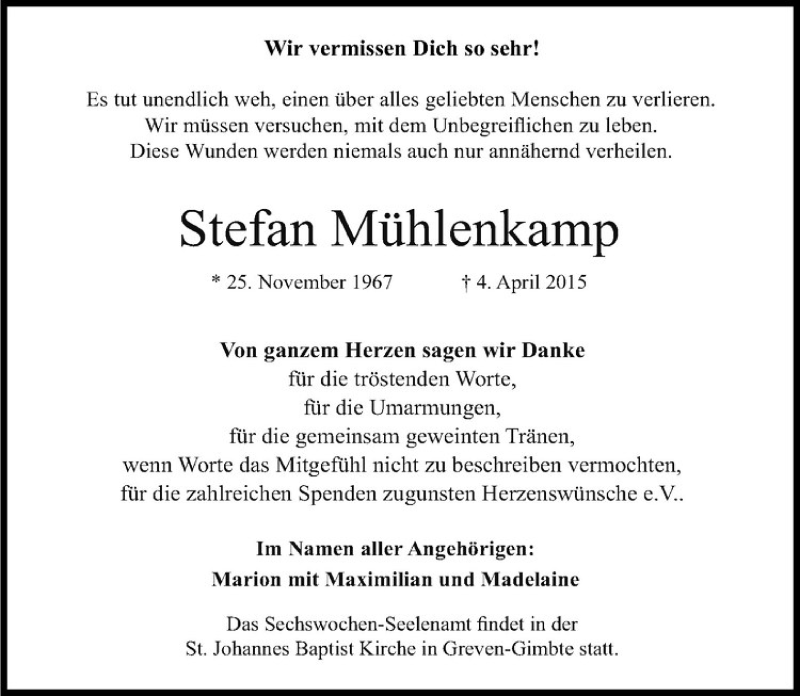  Traueranzeige für Stefan Mühlenkamp vom 13.05.2015 aus Westfälische Nachrichten