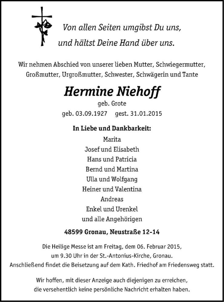  Traueranzeige für Hermine Niehoff vom 03.02.2015 aus Westfälische Nachrichten