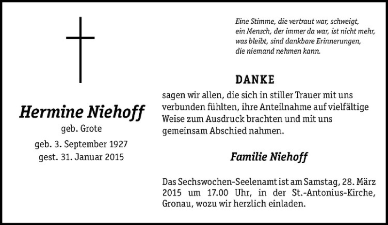  Traueranzeige für Hermine Niehoff vom 23.03.2015 aus Westfälische Nachrichten