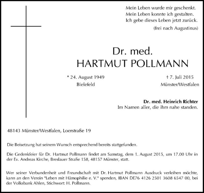 Traueranzeige für Hartmut Pollmann vom 18.07.2015 aus Westfälische Nachrichten