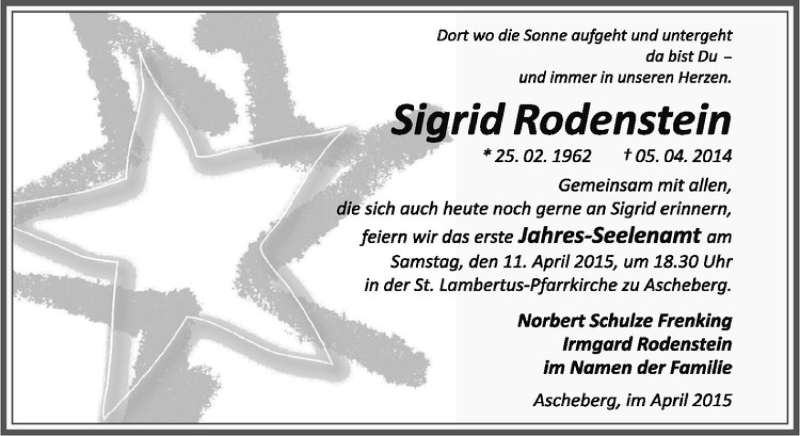  Traueranzeige für Sigrid Rodenstein vom 03.04.2015 aus Westfälische Nachrichten