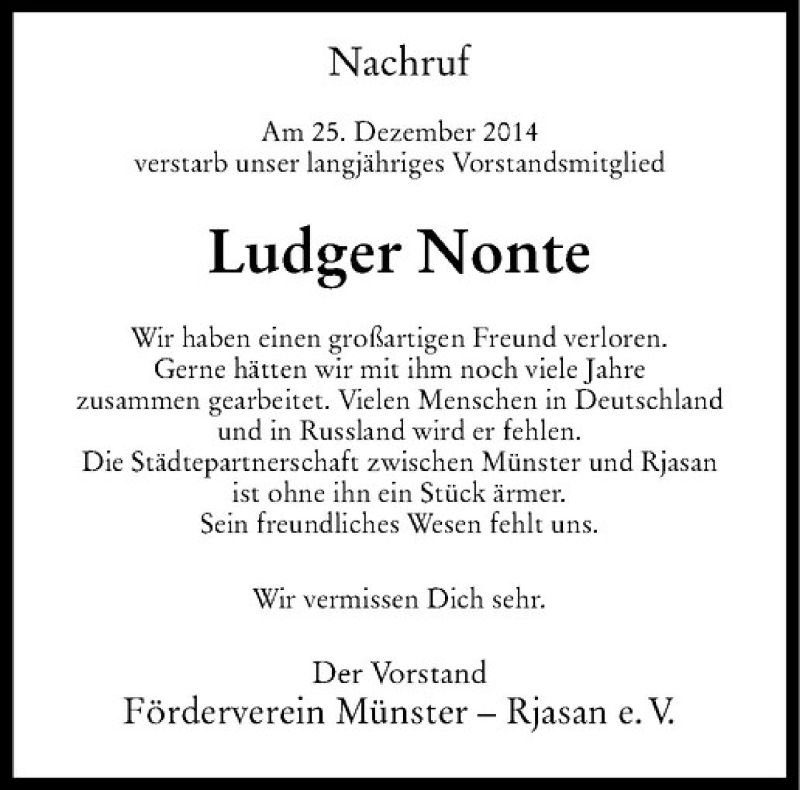  Traueranzeige für Ludger Nonte vom 06.01.2015 aus Westfälische Nachrichten