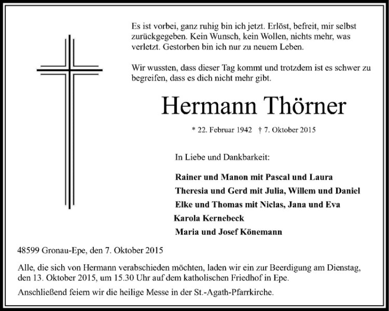  Traueranzeige für Hermann Thörner vom 10.10.2015 aus Westfälische Nachrichten
