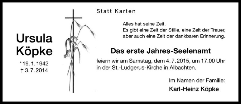  Traueranzeige für Ursula Köpke vom 01.07.2015 aus Westfälische Nachrichten