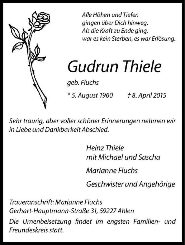  Traueranzeige für Gudrun Thiele vom 11.04.2015 aus Westfälische Nachrichten