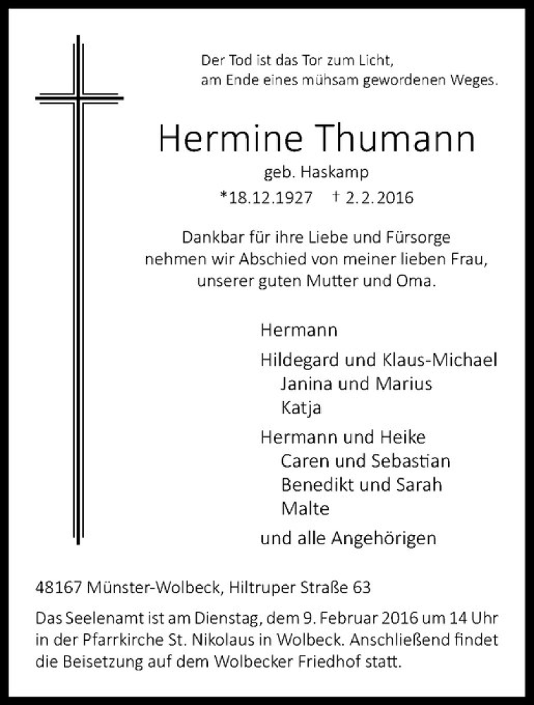  Traueranzeige für Hermine Thumann vom 05.02.2016 aus Westfälische Nachrichten