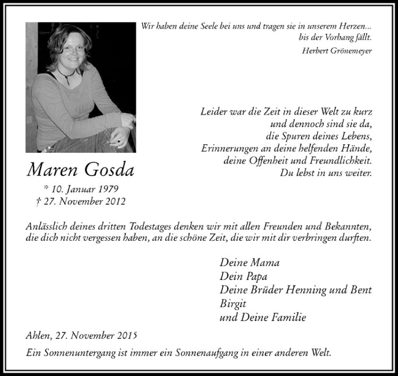  Traueranzeige für Maren Gosda vom 27.11.2015 aus Westfälische Nachrichten