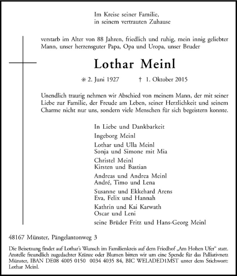  Traueranzeige für Lothar Meinl vom 09.10.2015 aus Westfälische Nachrichten