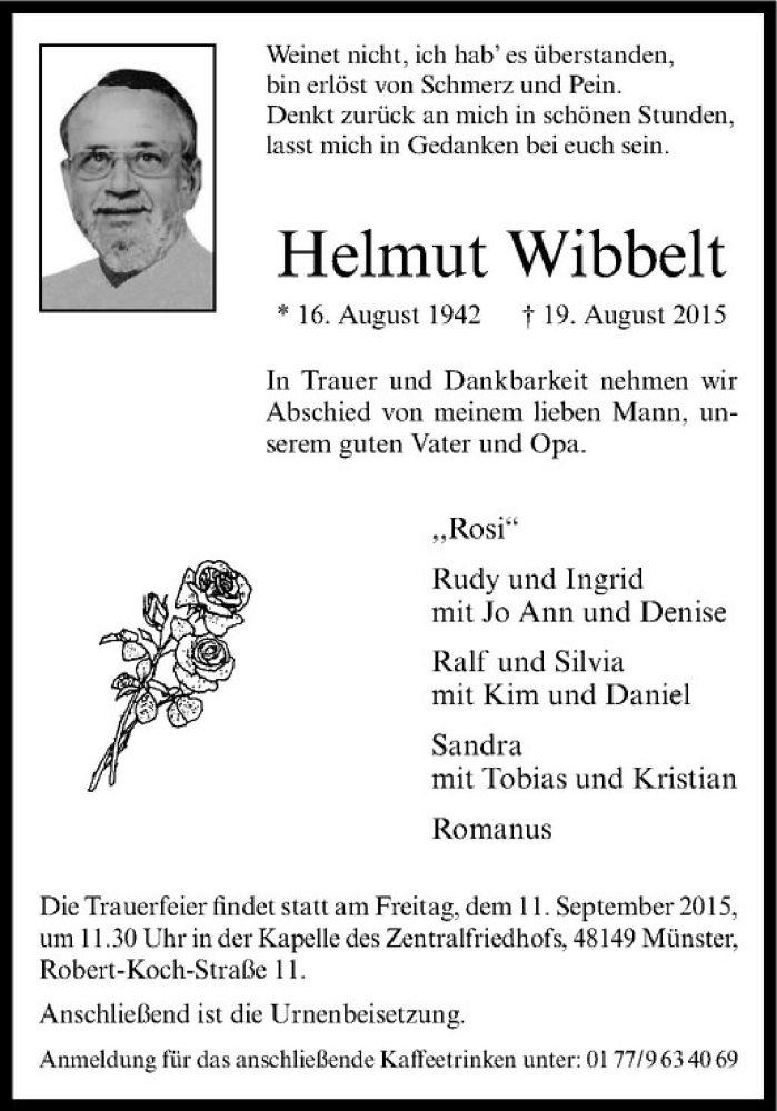  Traueranzeige für Helmut Wibbelt vom 22.08.2015 aus Westfälische Nachrichten