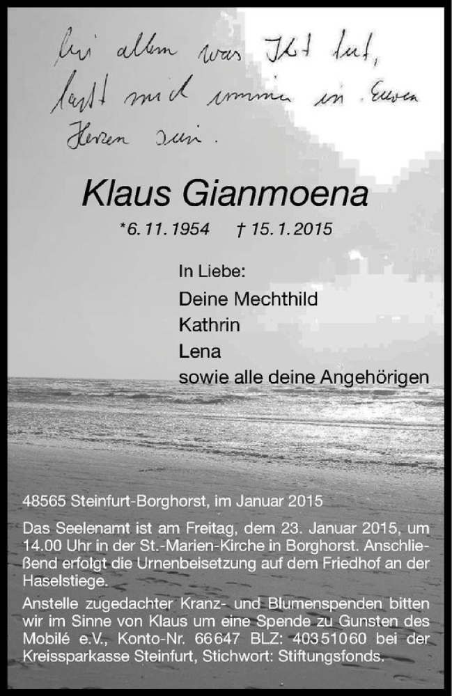  Traueranzeige für Klaus Gianmoena vom 21.01.2015 aus Westfälische Nachrichten