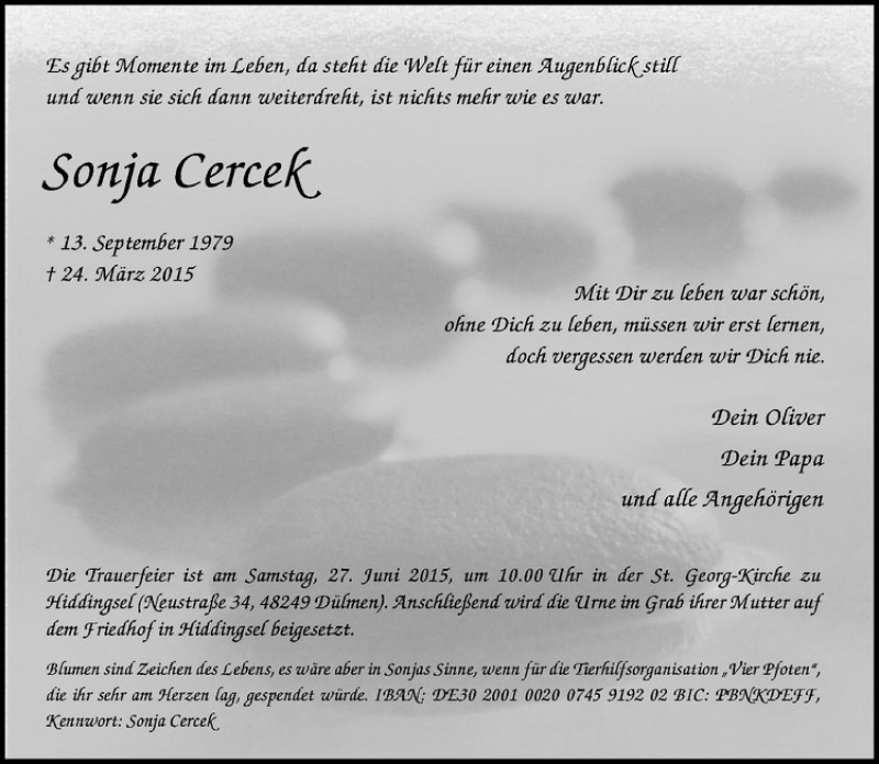  Traueranzeige für Sonja Cercek vom 20.06.2015 aus Westfälische Nachrichten