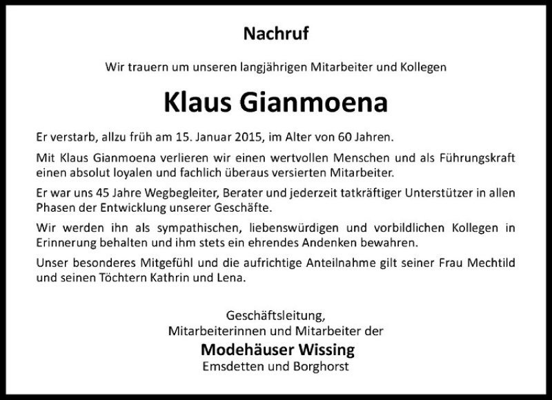  Traueranzeige für Klaus Gianmoena vom 22.01.2015 aus Westfälische Nachrichten