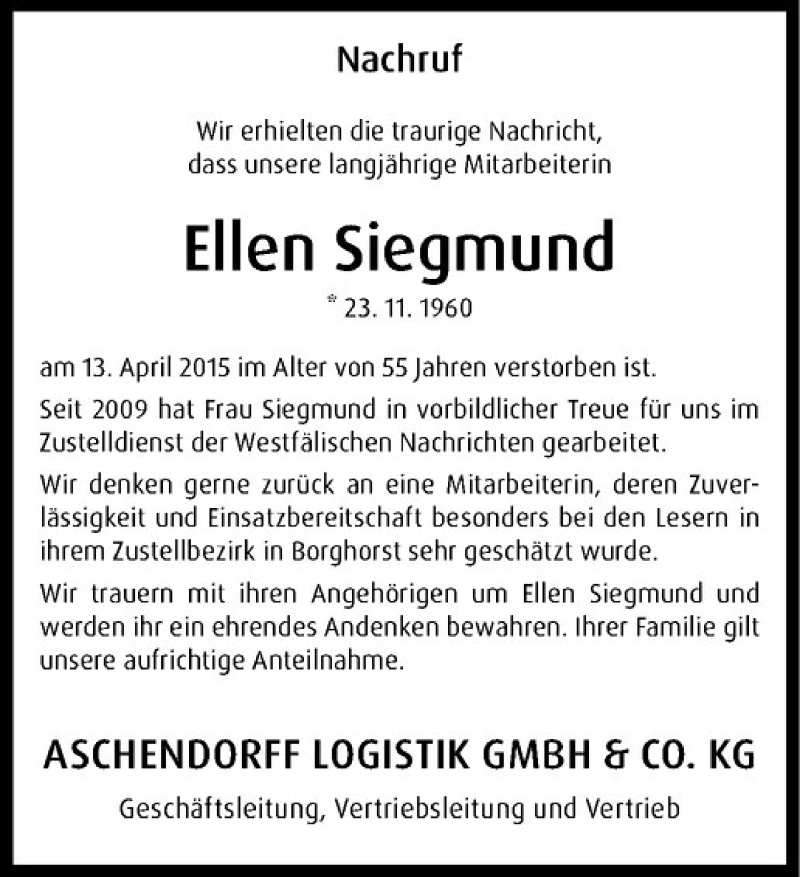  Traueranzeige für Ellen Siegmund vom 20.04.2015 aus Westfälische Nachrichten