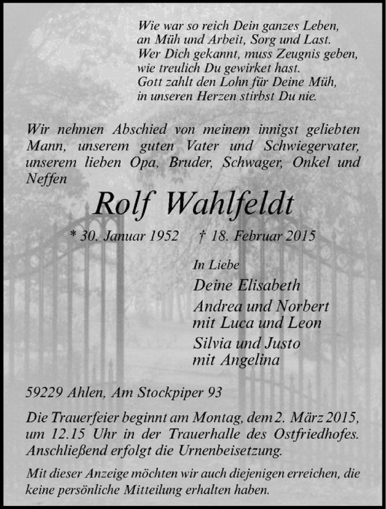  Traueranzeige für Rolf Wahlfeldt vom 25.02.2015 aus Westfälische Nachrichten