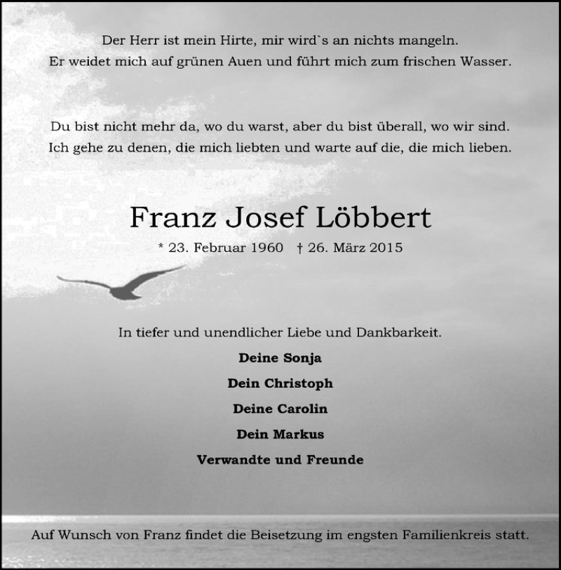  Traueranzeige für Franz Josef Löbbert vom 02.04.2015 aus Westfälische Nachrichten