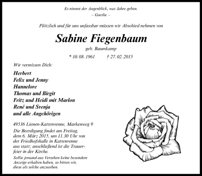  Traueranzeige für Sabine Fiegenbaum vom 04.03.2015 aus Westfälische Nachrichten