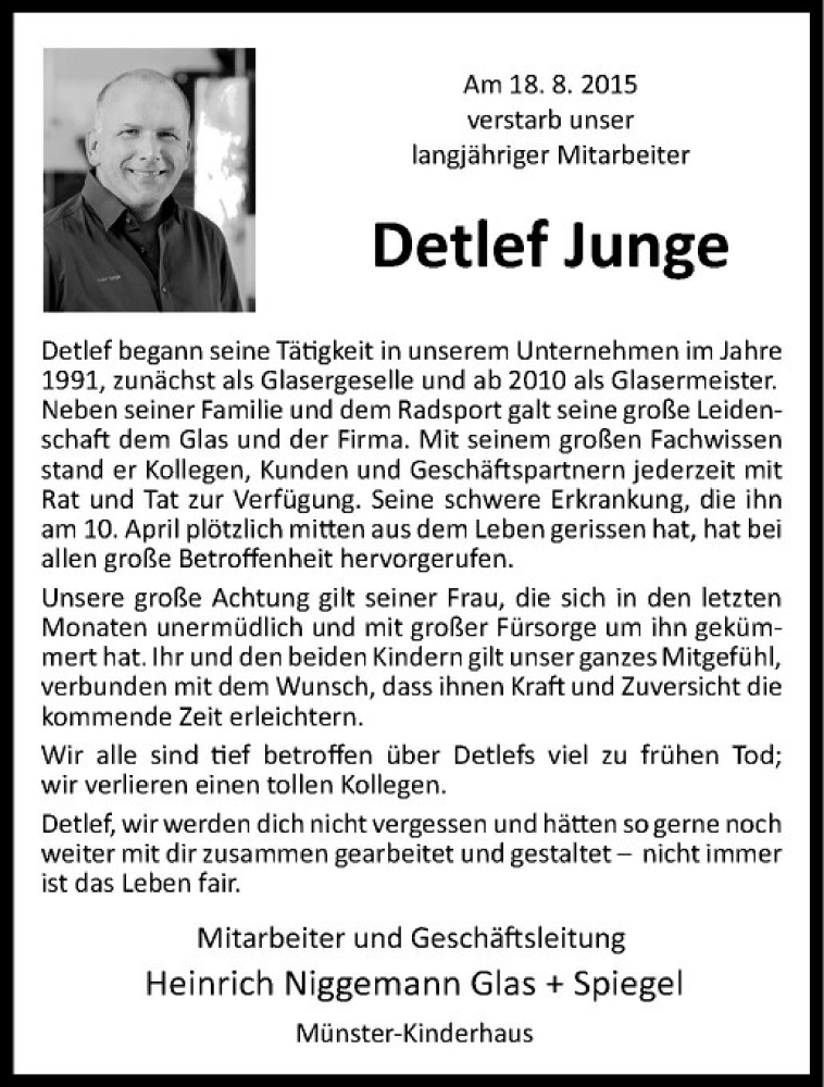  Traueranzeige für Detlef Junge vom 22.08.2015 aus Westfälische Nachrichten