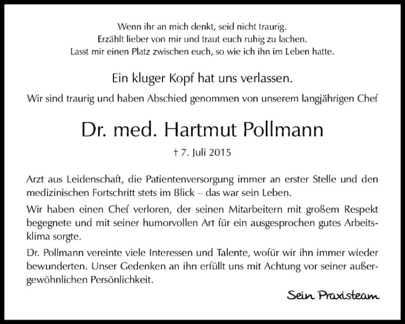  Traueranzeige für Hartmut Pollmann vom 22.07.2015 aus Westfälische Nachrichten