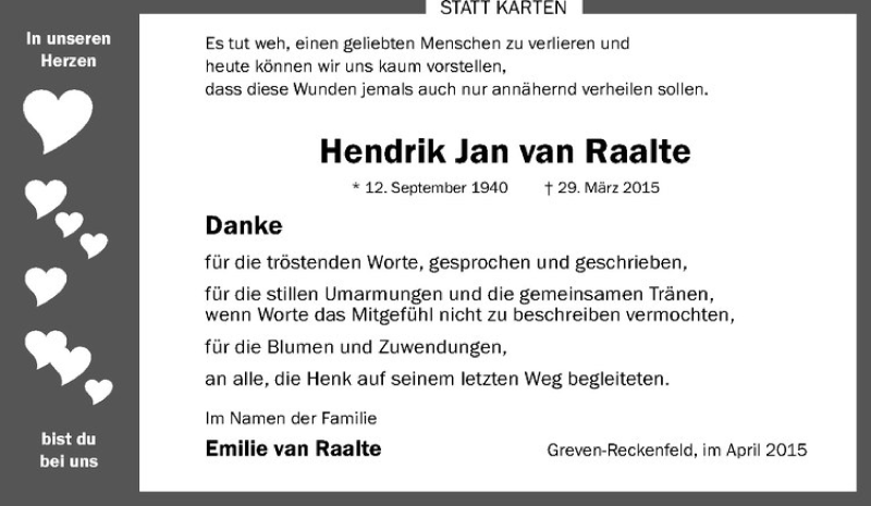  Traueranzeige für Hendrik Jan van Raalte vom 28.04.2015 aus Westfälische Nachrichten