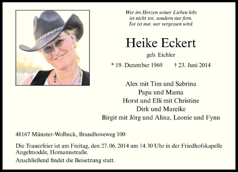  Traueranzeige für Heike Eckert vom 26.06.2014 aus Westfälische Nachrichten