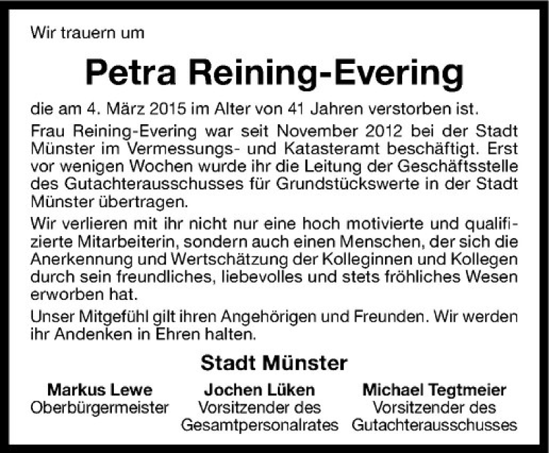  Traueranzeige für Petra Reining-Evering vom 12.03.2015 aus Westfälische Nachrichten