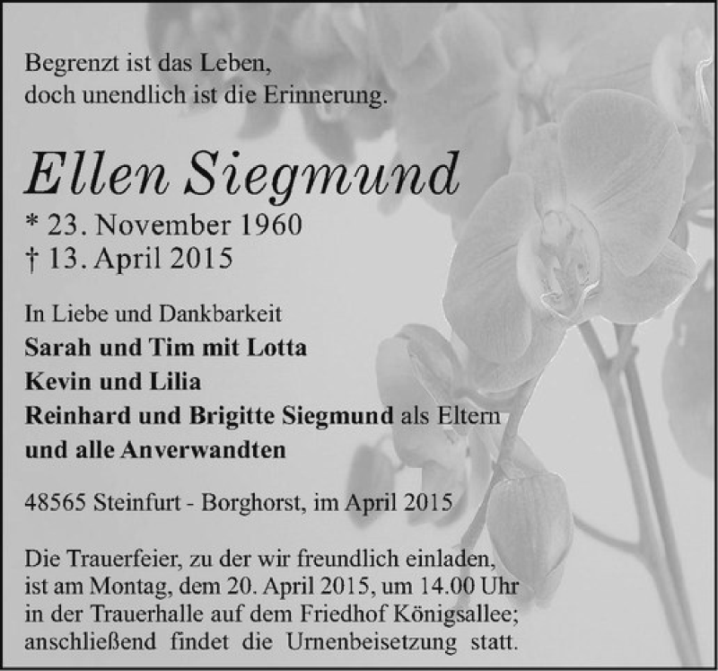  Traueranzeige für Ellen Siegmund vom 16.04.2015 aus Westfälische Nachrichten