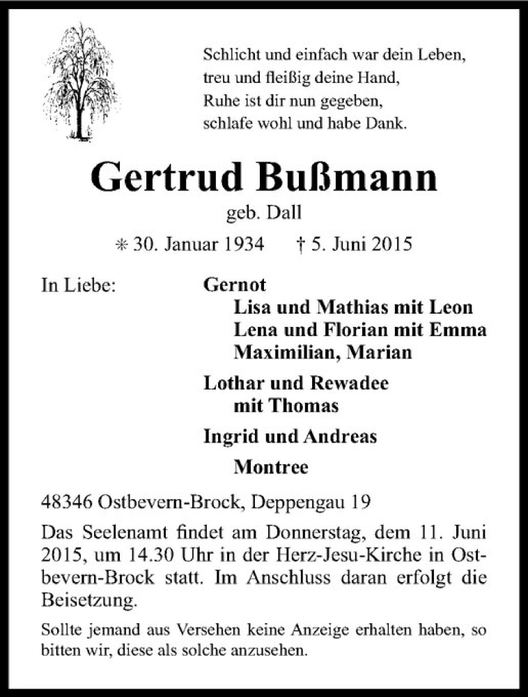  Traueranzeige für Gertrud Bußmann vom 08.06.2015 aus Westfälische Nachrichten