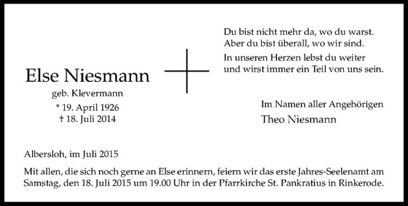  Traueranzeige für Else Niesmann vom 11.07.2015 aus Westfälische Nachrichten