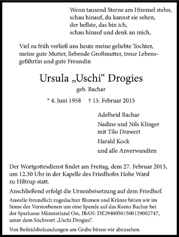  Traueranzeige für Ursula Drogies vom 21.02.2015 aus Westfälische Nachrichten