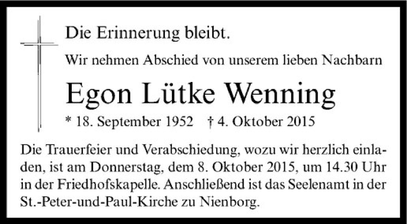  Traueranzeige für Egon Lütke Wenning vom 07.10.2015 aus Westfälische Nachrichten