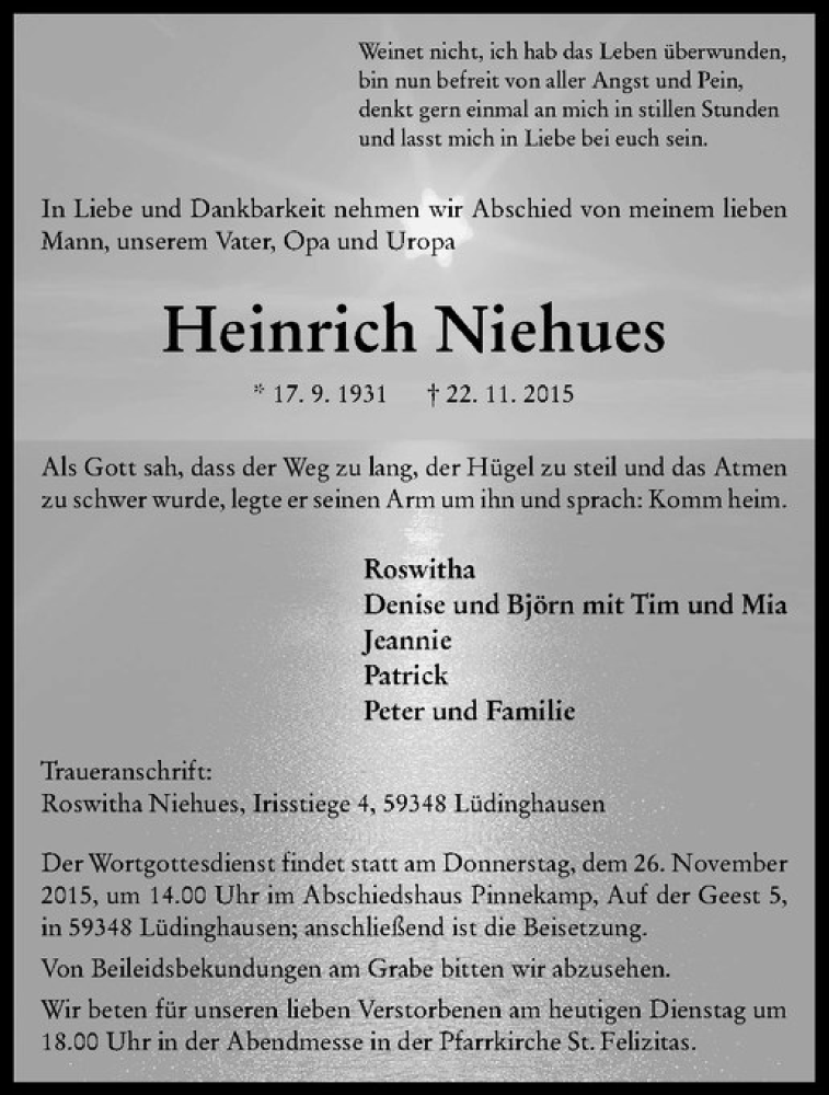  Traueranzeige für Heinrich Niehues vom 24.11.2015 aus Westfälische Nachrichten