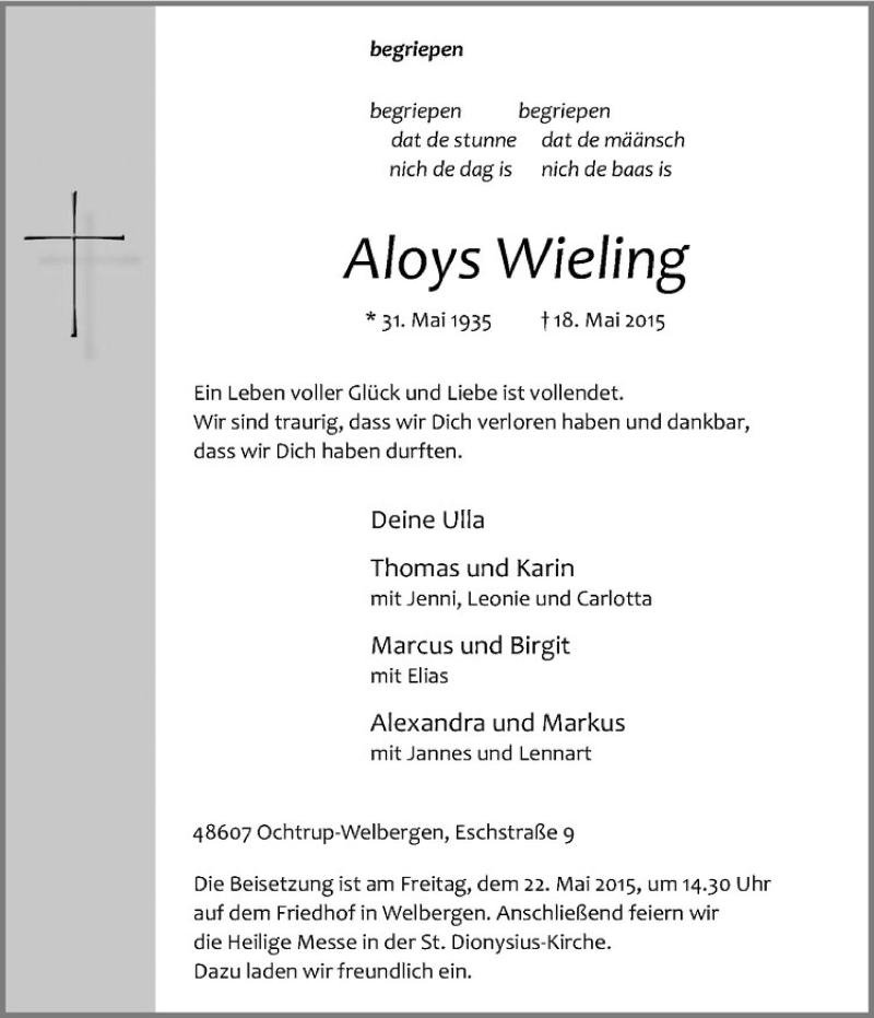  Traueranzeige für Aloys Wieling vom 20.05.2015 aus Westfälische Nachrichten
