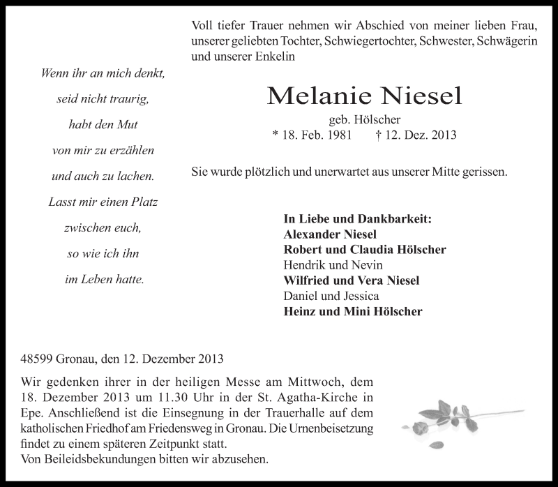  Traueranzeige für Melanie Niesel vom 18.12.2014 aus Westfälische Nachrichten