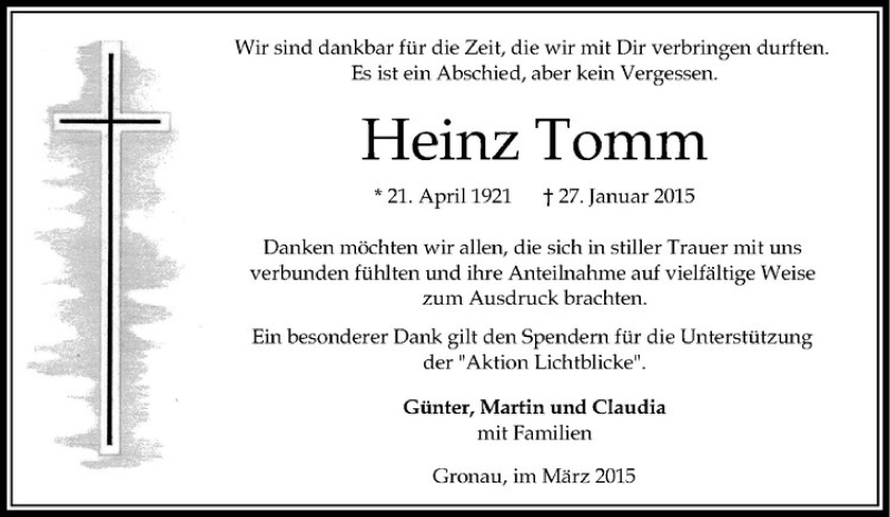  Traueranzeige für Heinz Tomm vom 21.03.2015 aus Westfälische Nachrichten