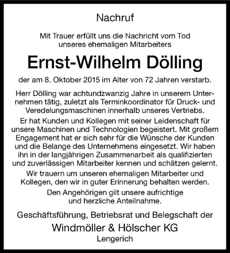 Traueranzeige für Ernst-Wilhelm Dölling vom 12.10.2015 aus Westfälische Nachrichten